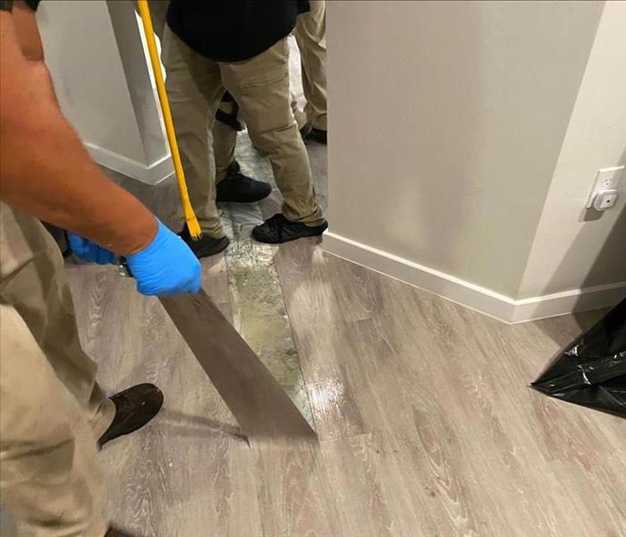 Person with blue gloves on pulling up flooring.